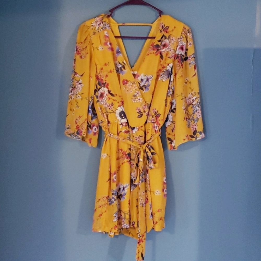 Yellow Floral Romper with 3/4 sleeves